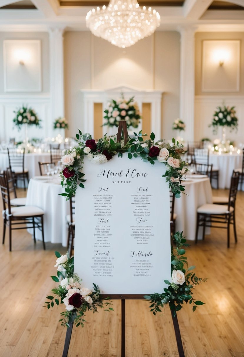 A wedding seating plan with tables arranged in a spacious and elegant reception hall, adorned with floral centerpieces and place settings