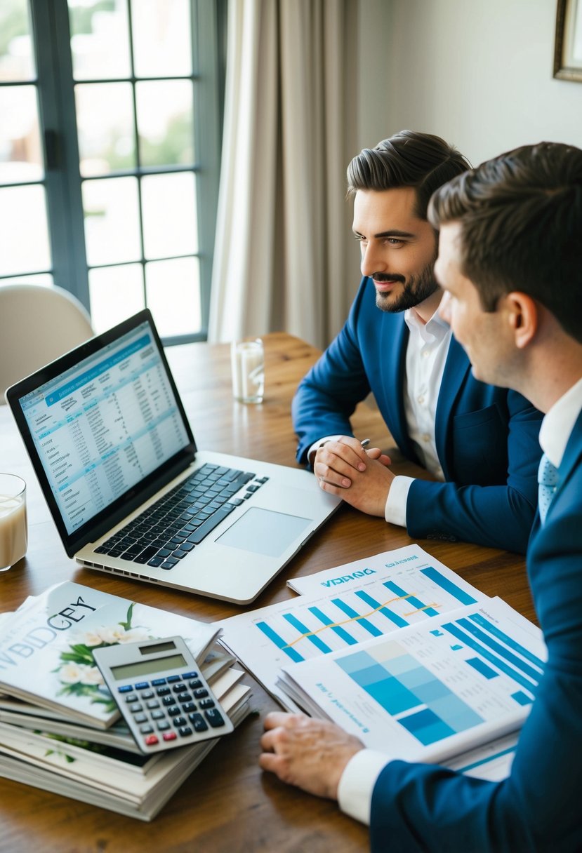 A couple sits at a table with a laptop and spreadsheets, discussing and planning their wedding budget. A stack of wedding magazines and a calculator are scattered on the table