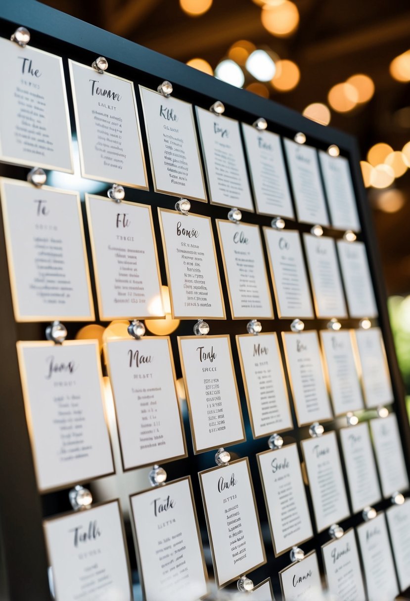 A detailed electronic or physical seating chart for a wedding, with tables arranged and labeled, and names assigned to each seat