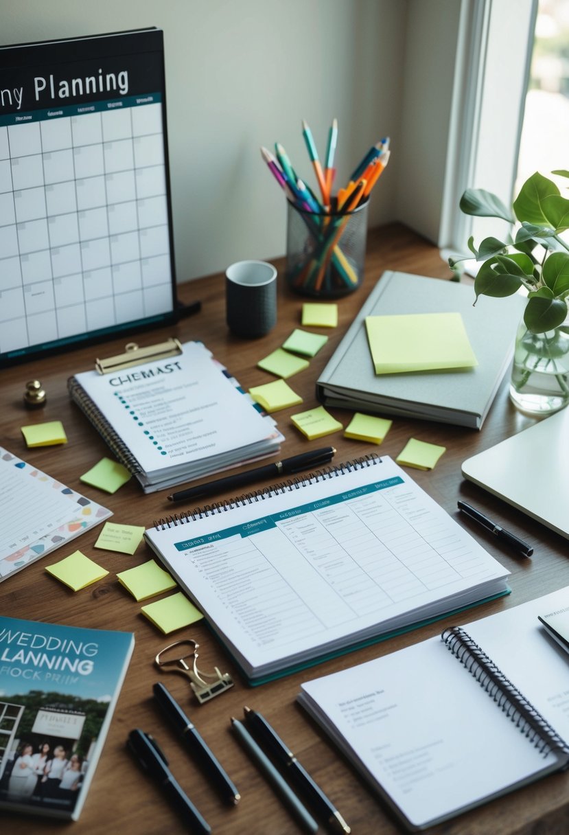 A cluttered desk with a calendar, checklist, and various wedding planning books and magazines. Post-it notes and pens scattered around