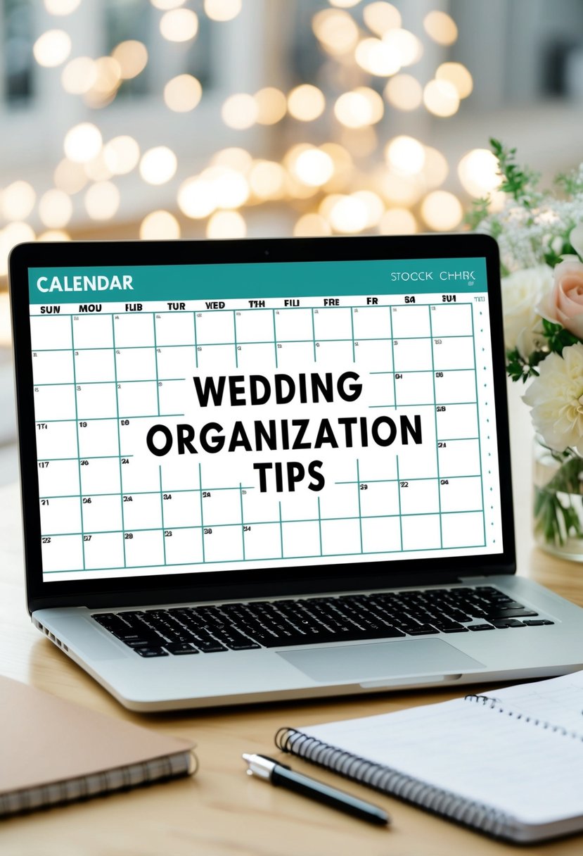 A desk with a calendar, notebook, and checklist. A laptop displaying "Wedding Organization Tips" on the screen