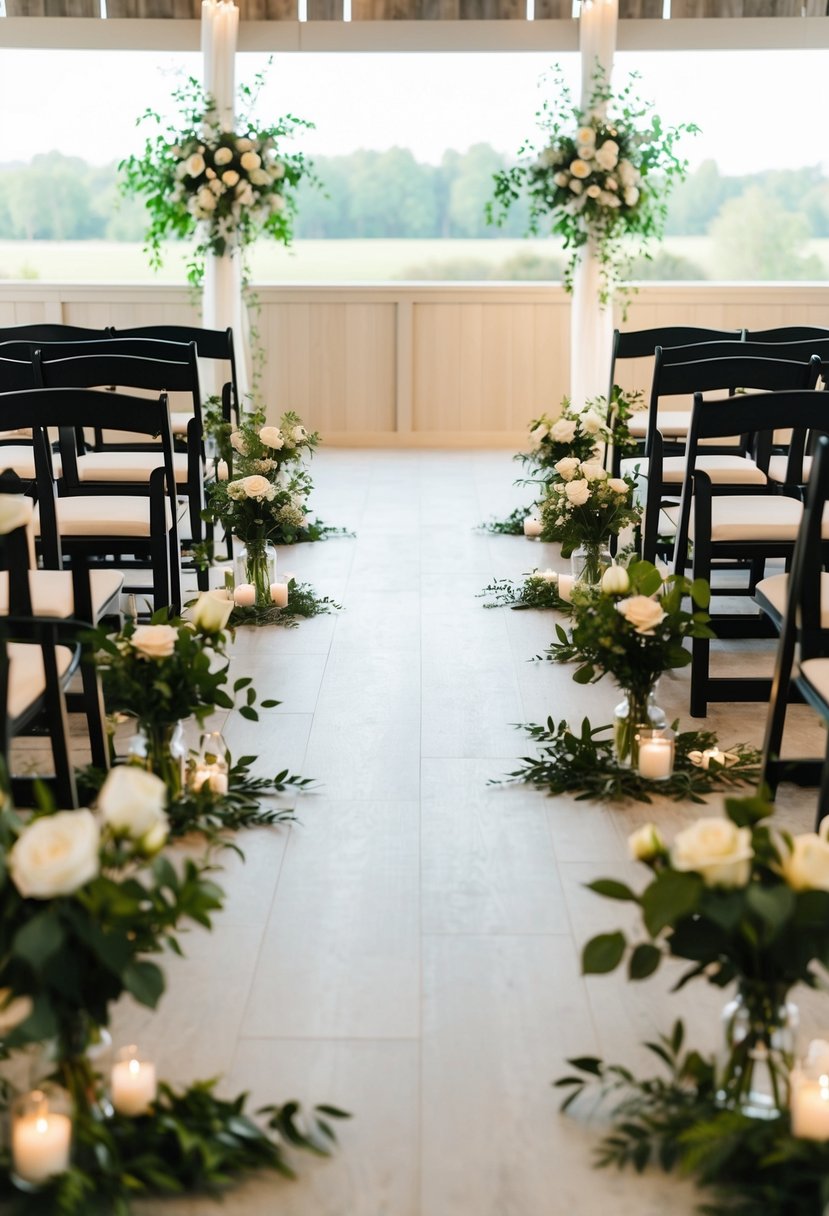 Items arranged neatly in designated ceremony areas, with flowers, chairs, and decor strategically placed for a wedding