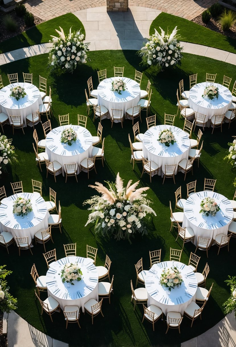 A bird's eye view of a wedding venue layout with tables arranged in a strategic seating plan