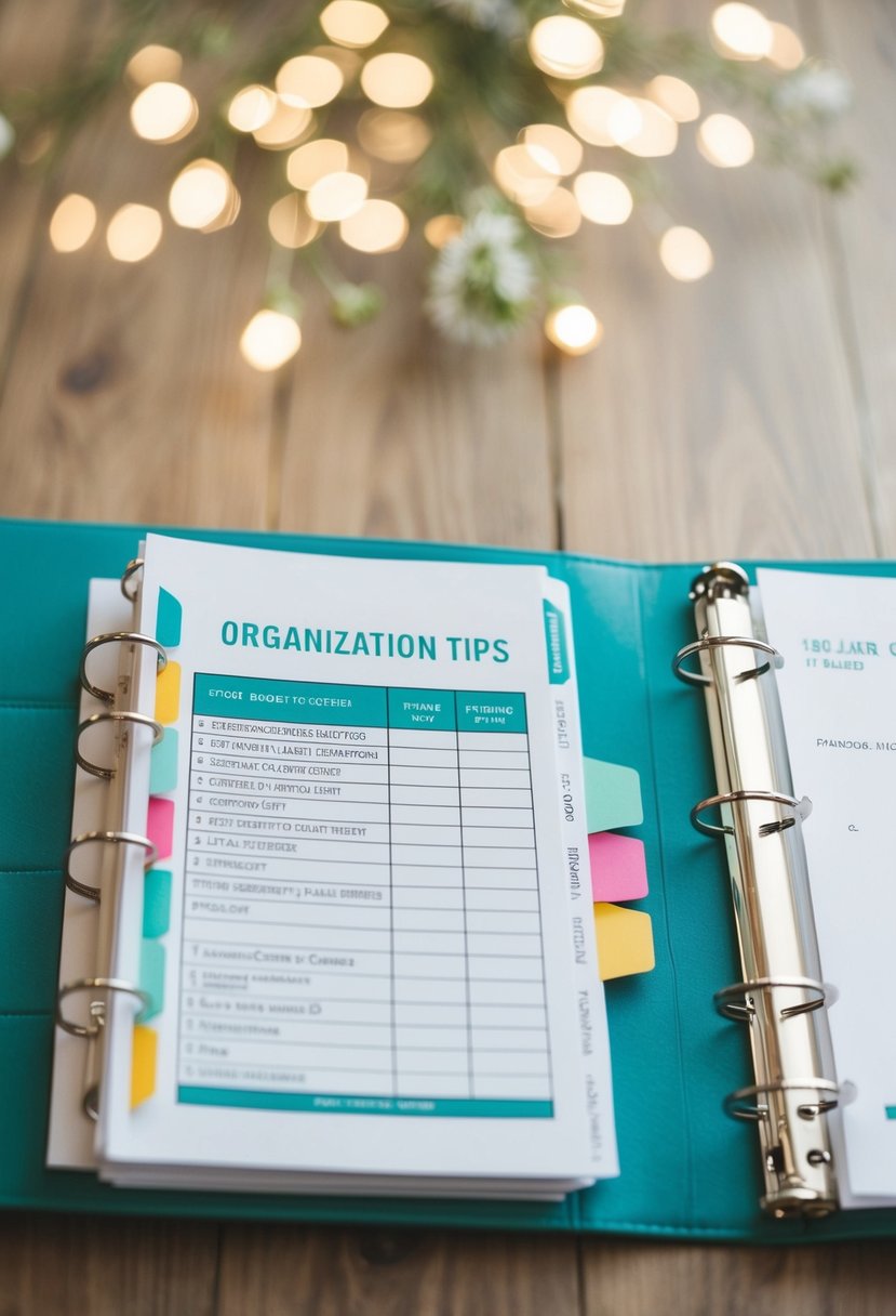 A wedding binder open to a section on organization tips, with color-coded tabs and neatly arranged checklists and schedules