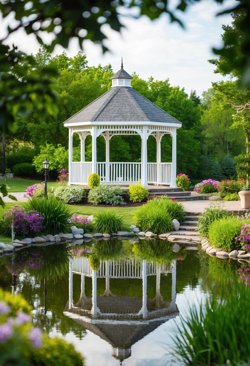 A picturesque outdoor wedding venue with a gazebo, surrounded by lush greenery, blooming flowers, and a serene pond