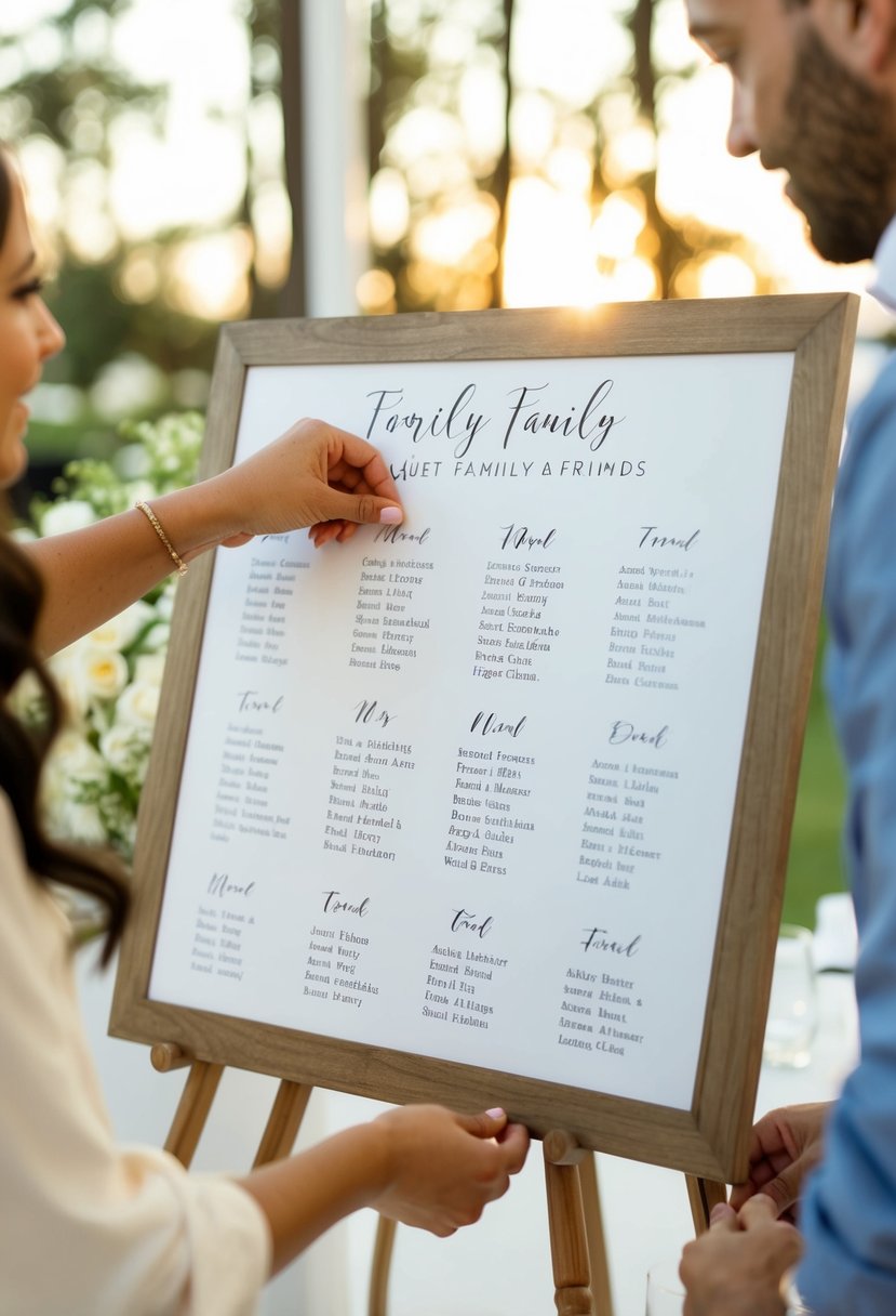 A wedding planner arranging guest names on a seating chart, prioritizing close family and friends