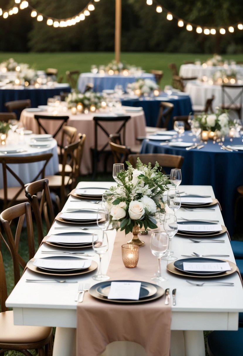 Various tables of different shapes and sizes arranged in a creative wedding seating plan