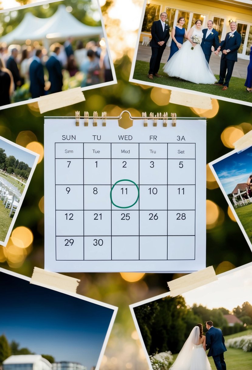 A calendar with a wedding date circled, surrounded by images of different venue options