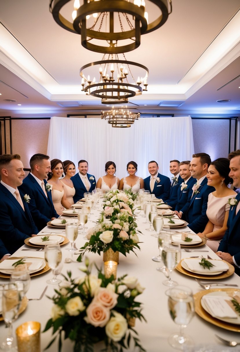 A head table with the bridal party seated together, surrounded by elegant place settings and floral centerpieces