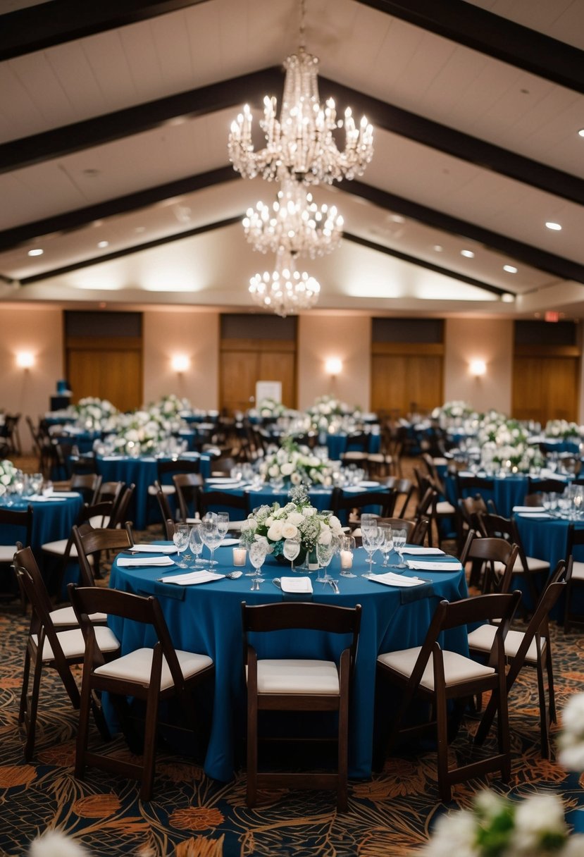 A bustling wedding venue with tables and chairs arranged for a large gathering