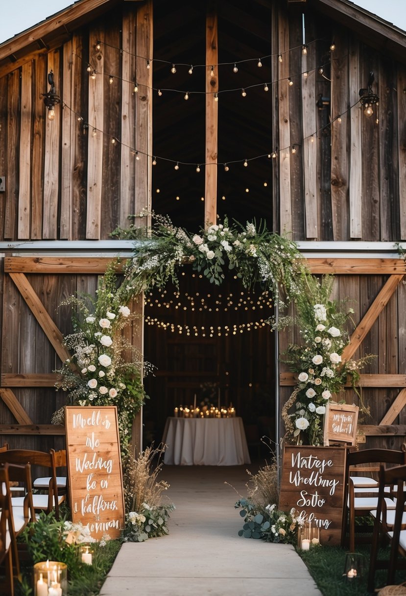 A rustic barn adorned with fairy lights and wildflowers, with wooden signage and vintage decor for a themed wedding