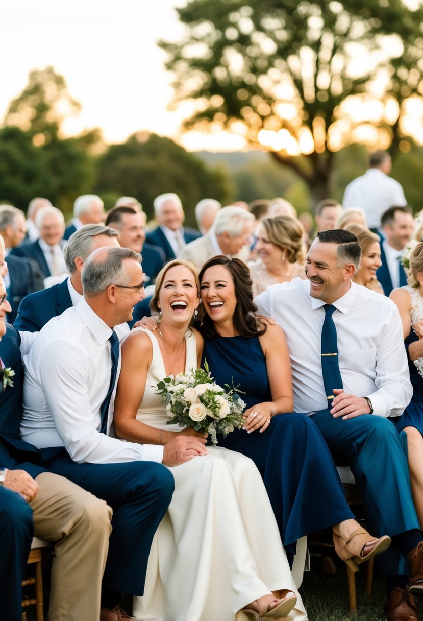 Families gathered in clusters, sharing laughter and embraces, as they sit together in the cozy wedding seating arrangement