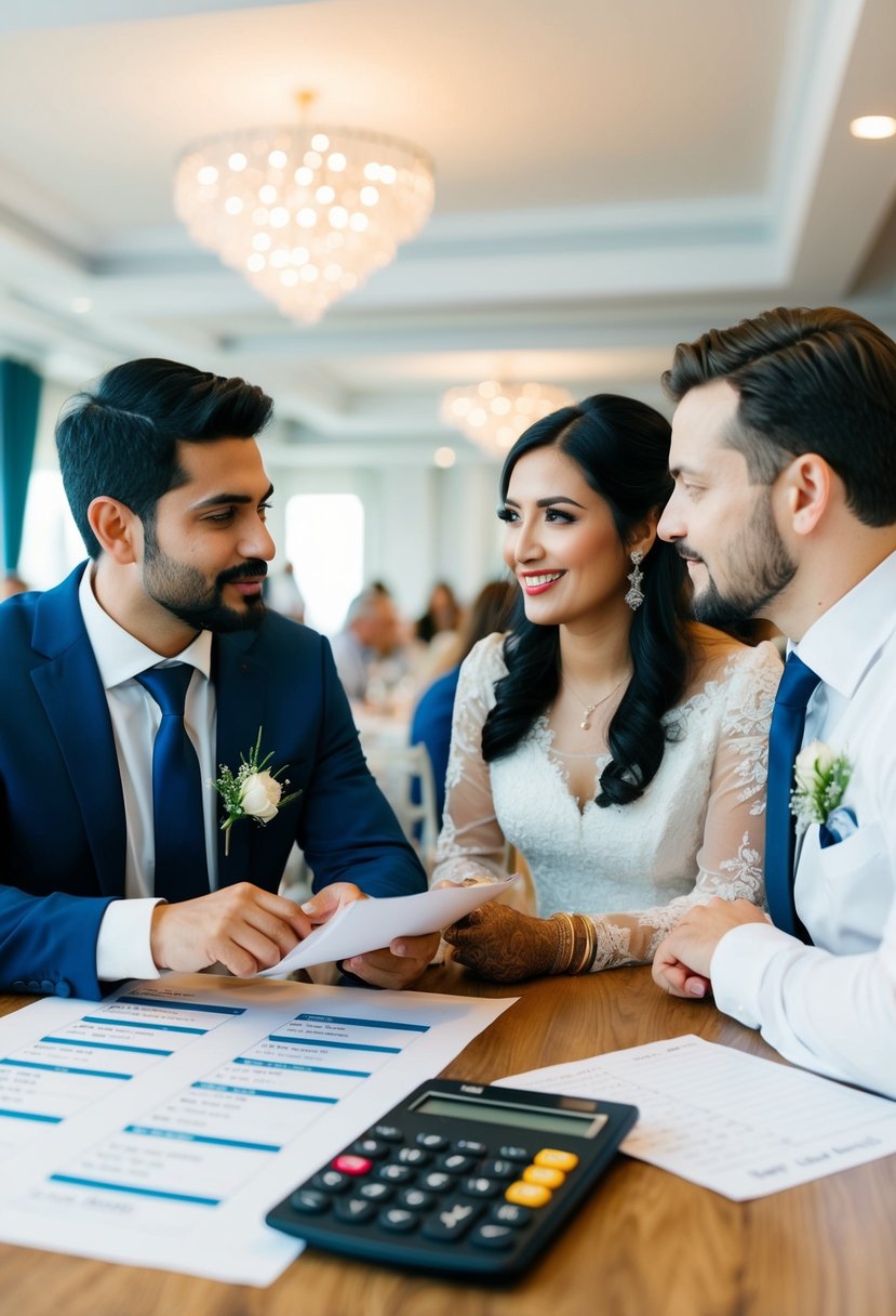 A couple discussing budget at a wedding venue, with a calculator and price list on the table