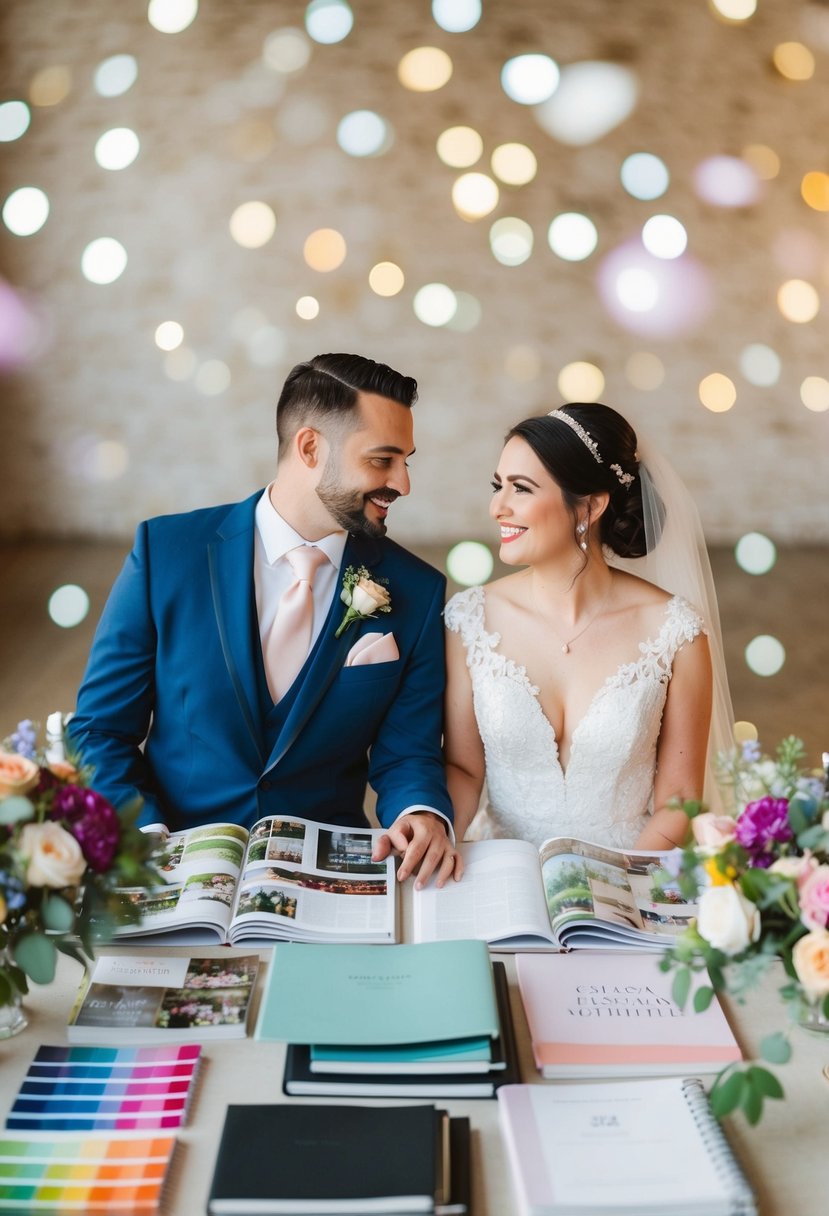 A bride and groom sitting at a table covered in wedding magazines and notebooks, surrounded by colorful swatches and floral arrangements