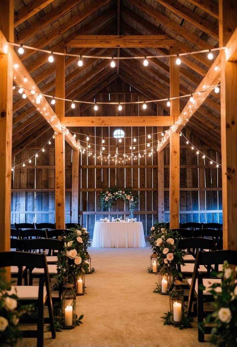 A rustic barn venue with string lights, wooden beams, and floral decor