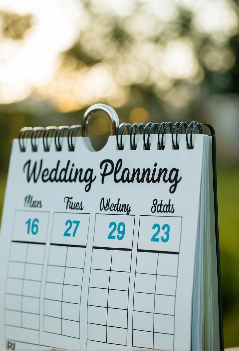 A calendar with marked due dates for wedding planning