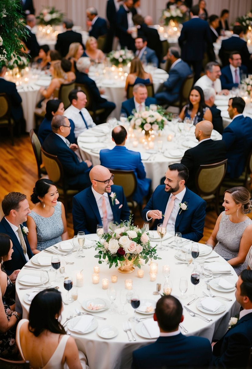 A diverse mix of guests at round tables with elegant place settings and floral centerpieces, mingling and enjoying conversation at a wedding reception