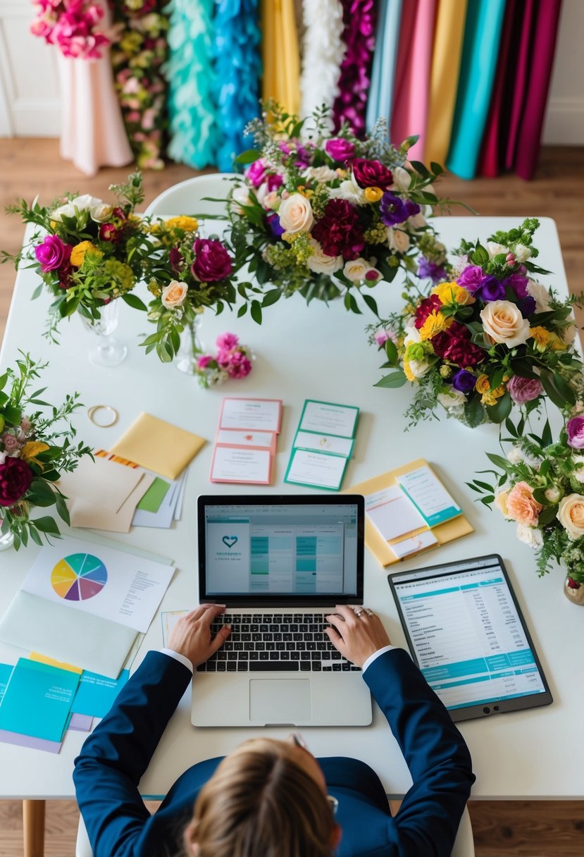 A wedding planner sits at a desk, surrounded by colorful fabric swatches, floral arrangements, and wedding invitations. A laptop and a budget spreadsheet are open in front of them