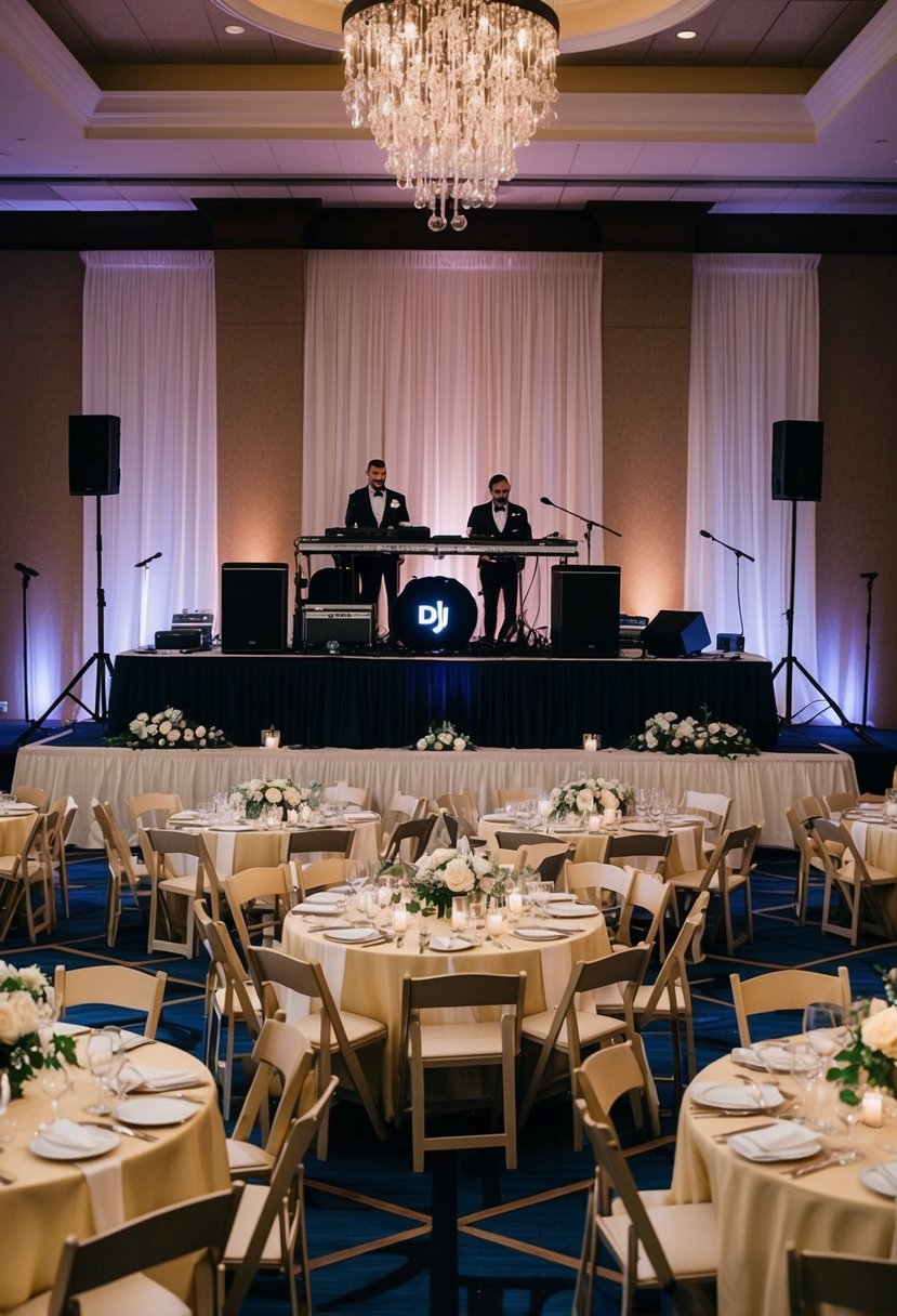 A wedding reception venue with a DJ or band setup at the center, surrounded by strategically arranged seating for guests