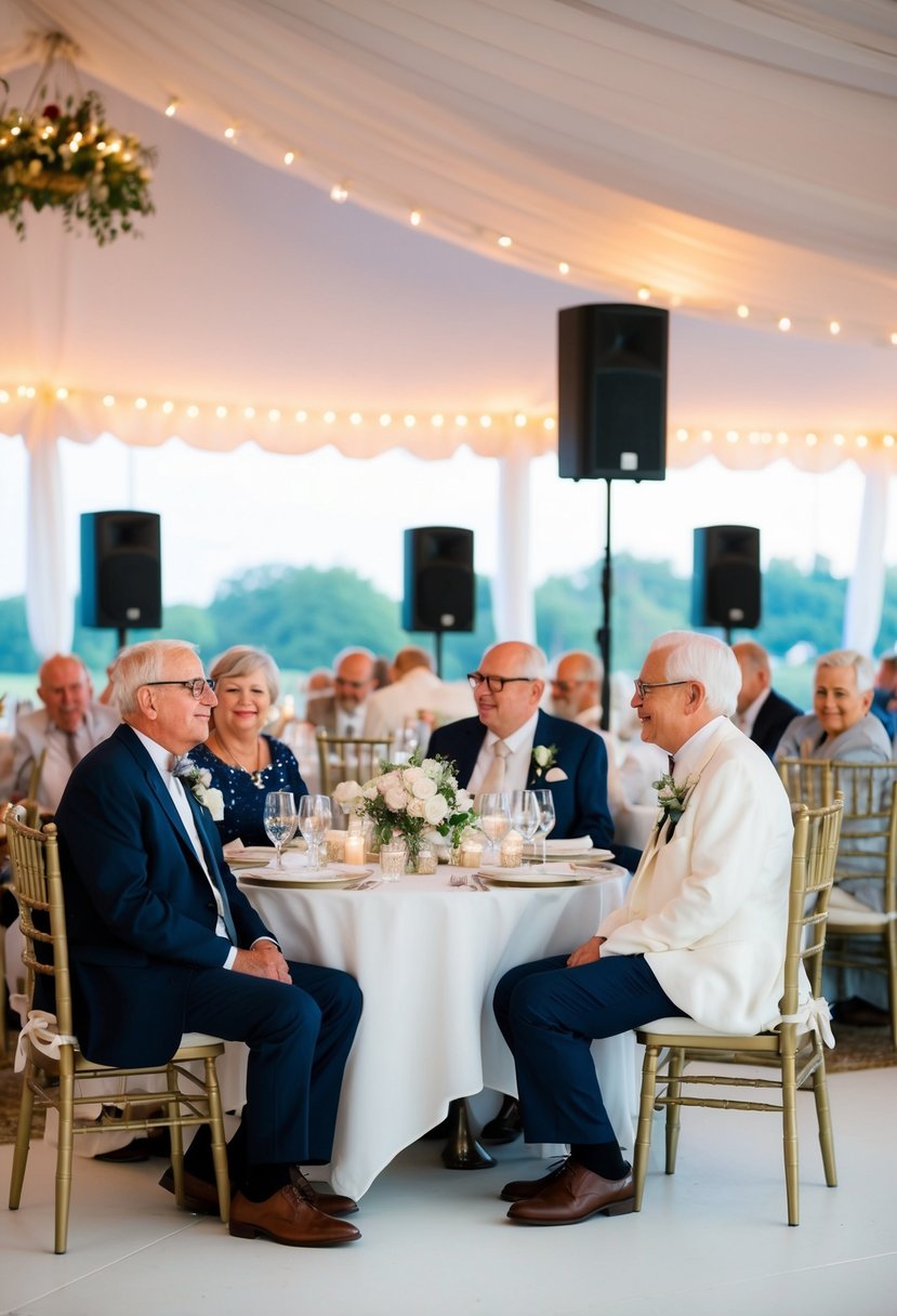 Elderly guests seated at tables far from the speakers, enjoying a quiet area at the wedding reception