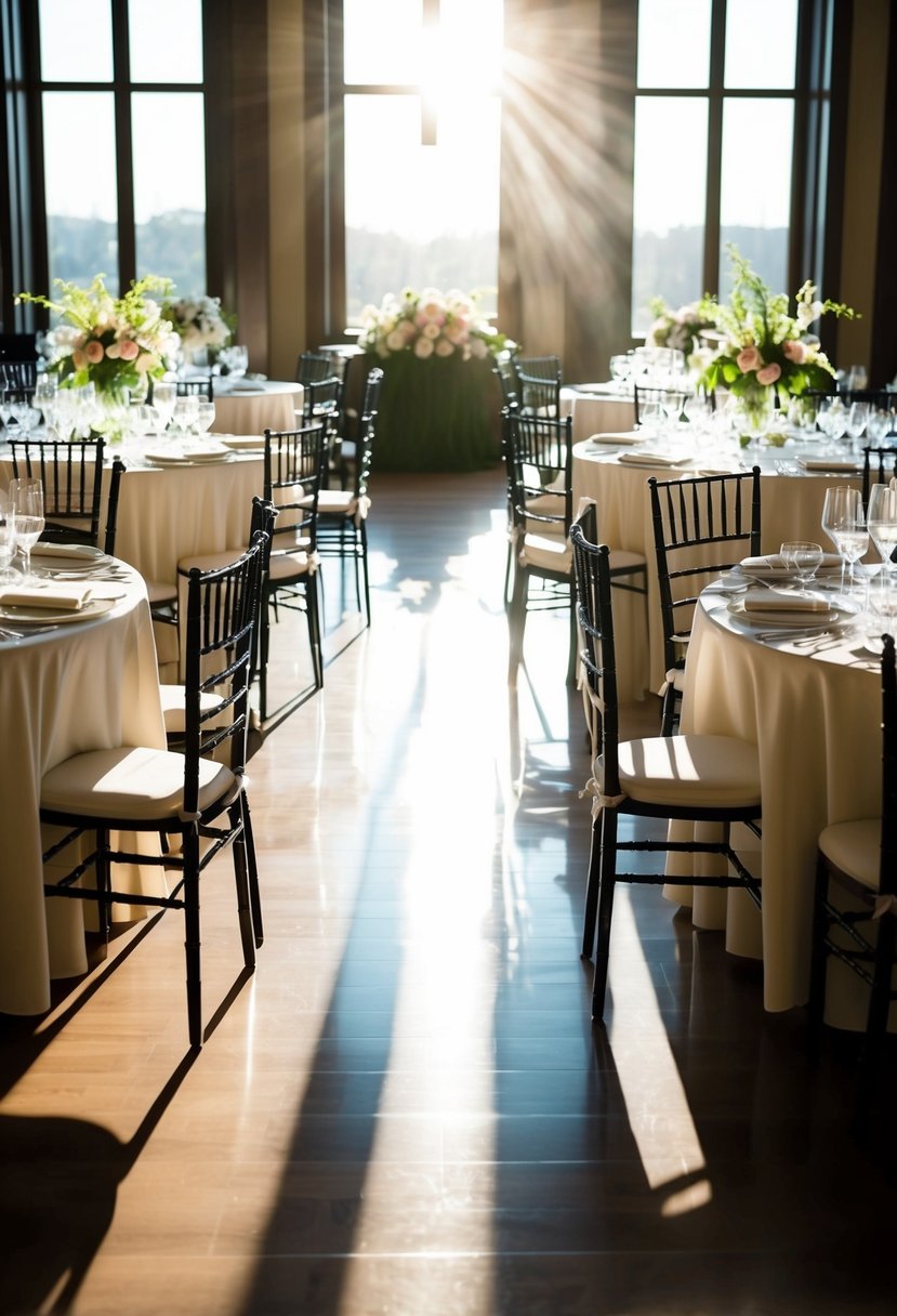 Sunlight streams through windows, casting long shadows on the polished floors. Tables are set with elegant linens and sparkling glassware, while flowers adorn every corner