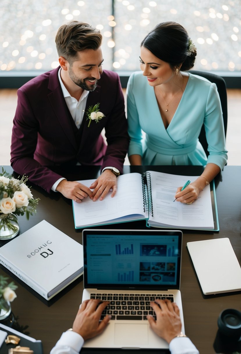 A couple sits at a desk, surrounded by wedding planning books and a laptop. They are booking a DJ and photographer for their upcoming wedding