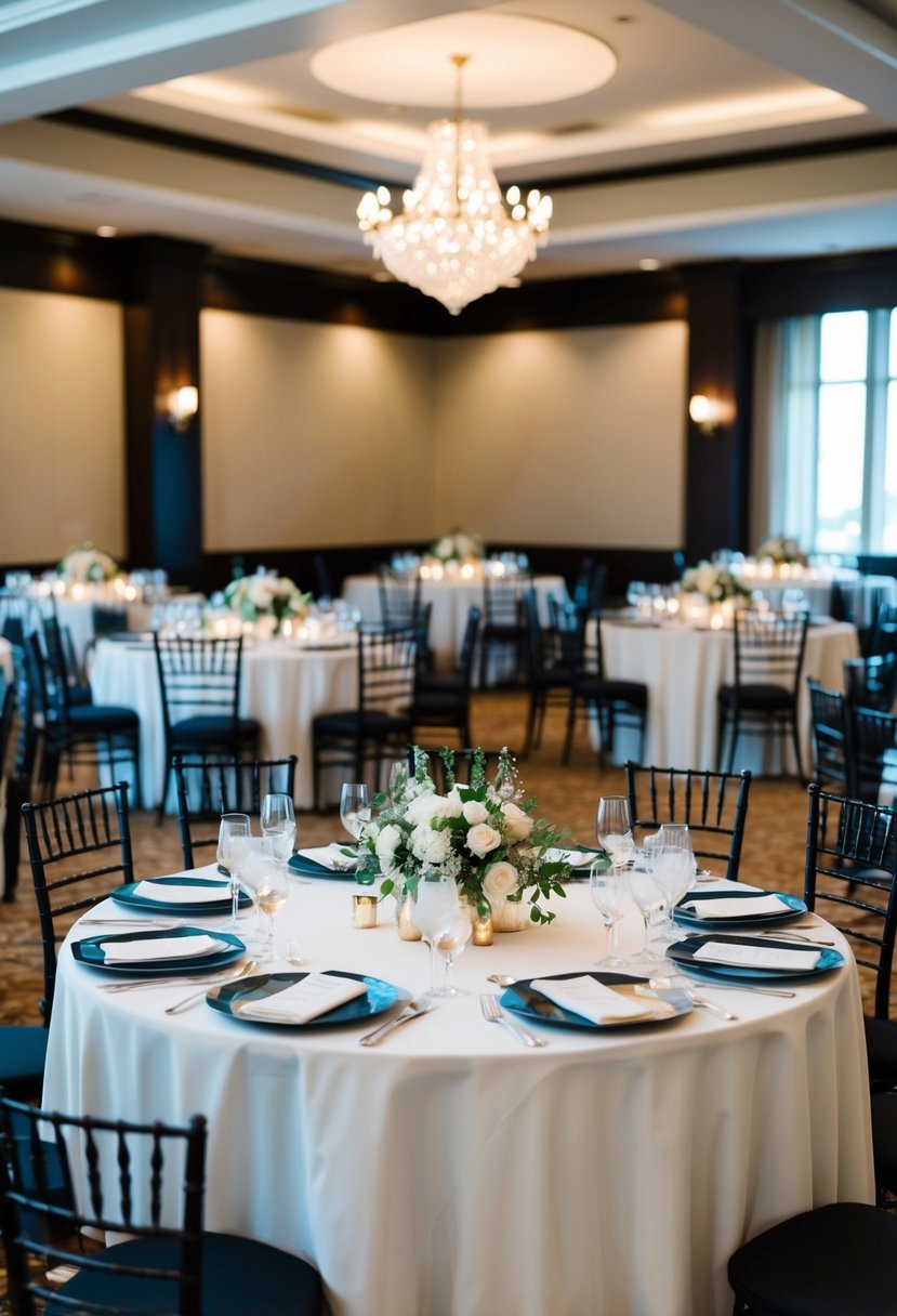 A wedding venue with multiple tables arranged in a spacious room, each table adorned with elegant centerpieces and place settings