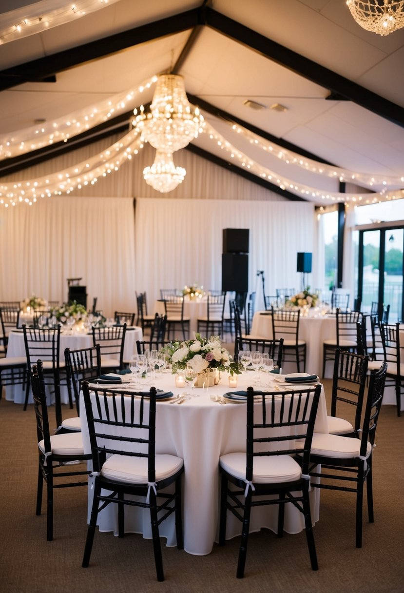 A wedding venue with tables, chairs, and decorative lighting included in the rental fee