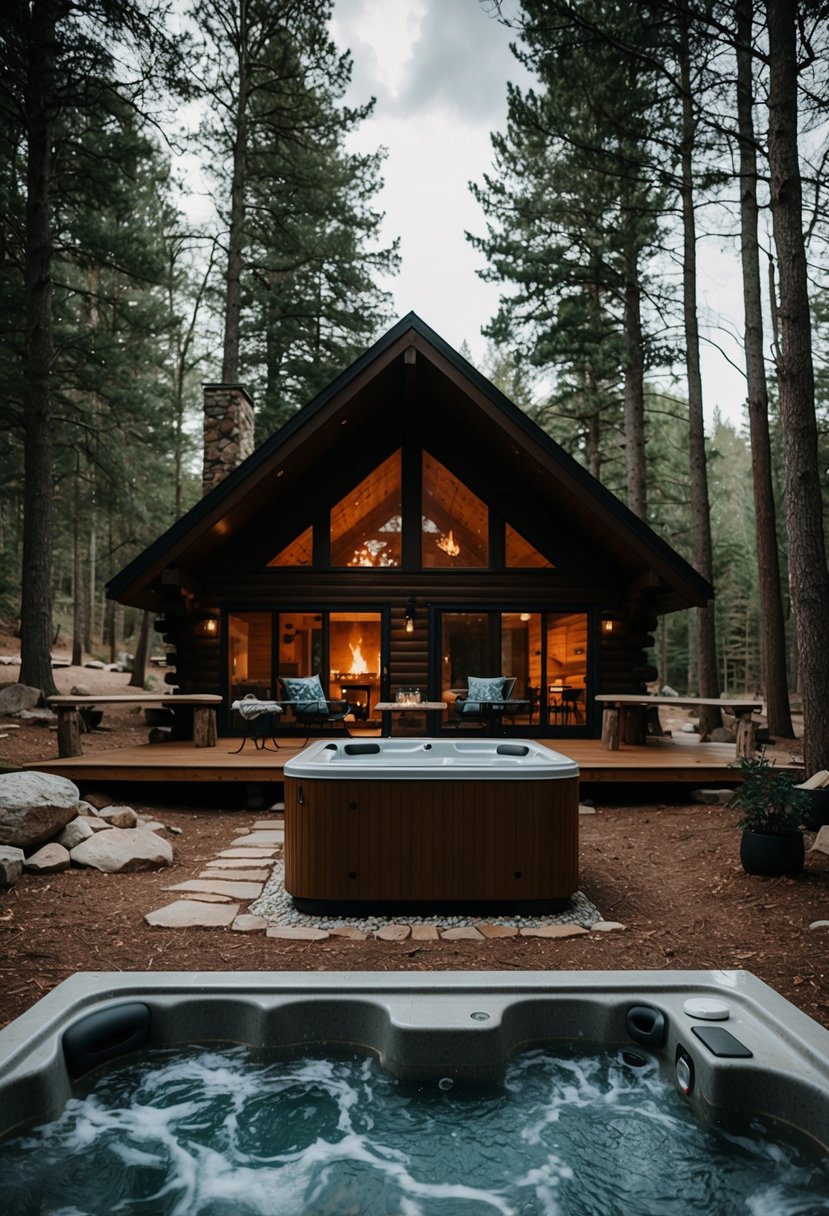 A cozy, rustic cabin nestled in the woods, with a warm fireplace and a bubbling hot tub outside, ready to welcome wedding guests