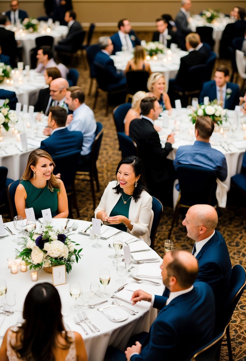 Guests seated at round tables, chatting and laughing, with name cards indicating their assigned seats. Tables are arranged in a harmonious and balanced layout