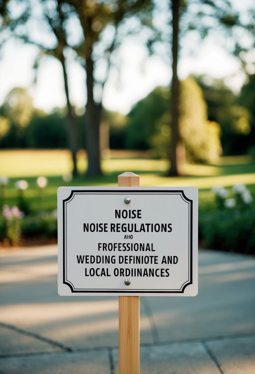 A serene outdoor wedding venue with signs displaying noise regulations and local ordinances