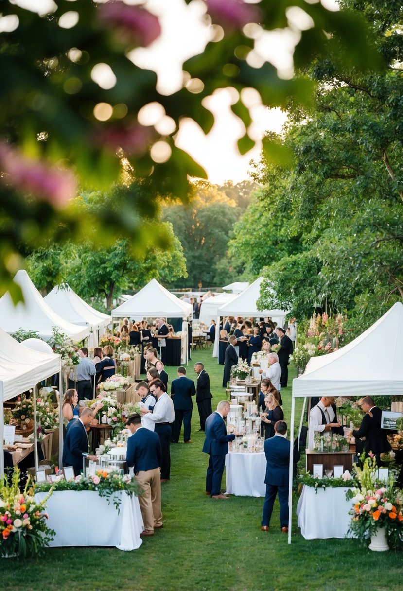 A bustling outdoor wedding venue with various vendors setting up their booths and displays, surrounded by lush greenery and colorful floral arrangements