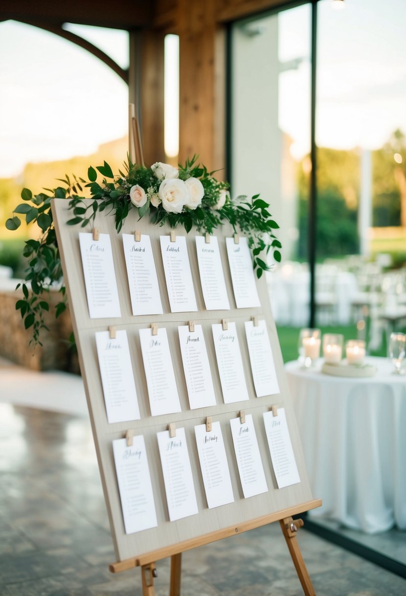 A neatly arranged seating chart displayed on an easel at the entrance of a wedding venue