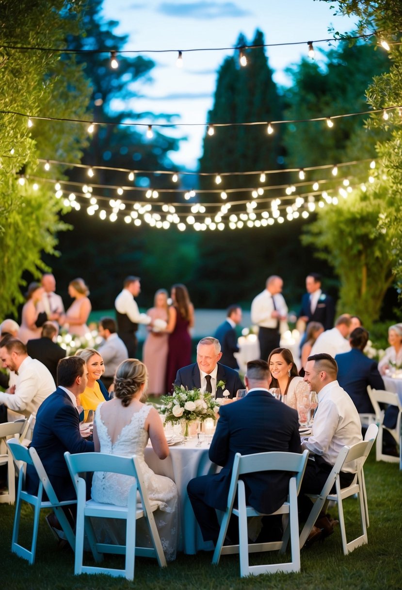 An outdoor wedding reception with unassigned seating, guests mingling at various tables, surrounded by lush greenery and twinkling lights