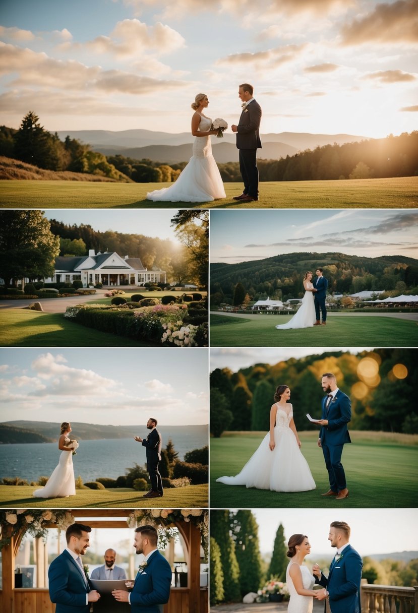 A couple explores various scenic wedding venues, discussing dates with a planner