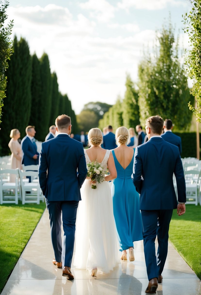 Guests and staff move freely along clear pathways, leading to neatly arranged wedding seating areas