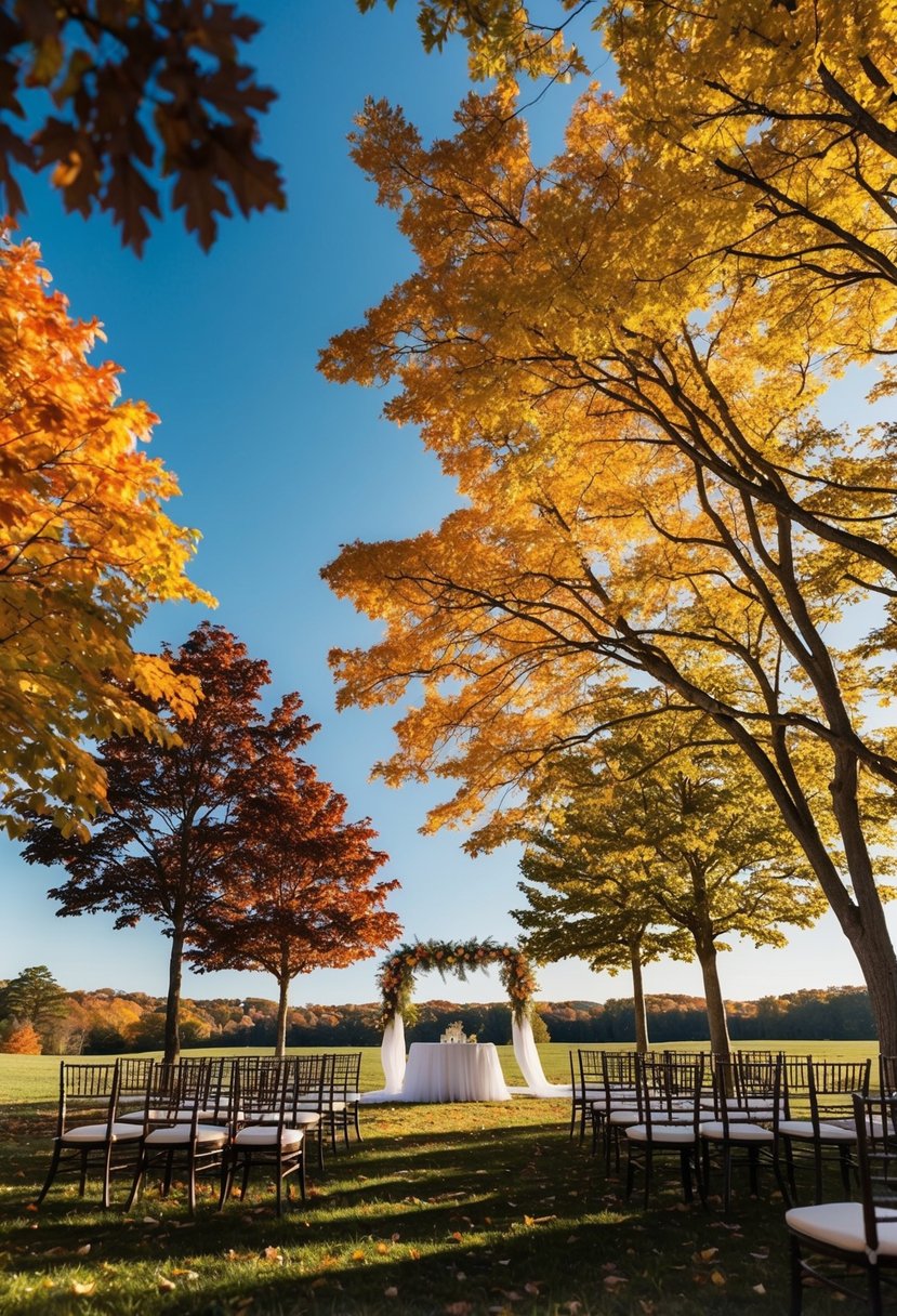 A serene outdoor wedding venue with colorful autumn leaves, a clear blue sky, and a gentle breeze rustling through the trees