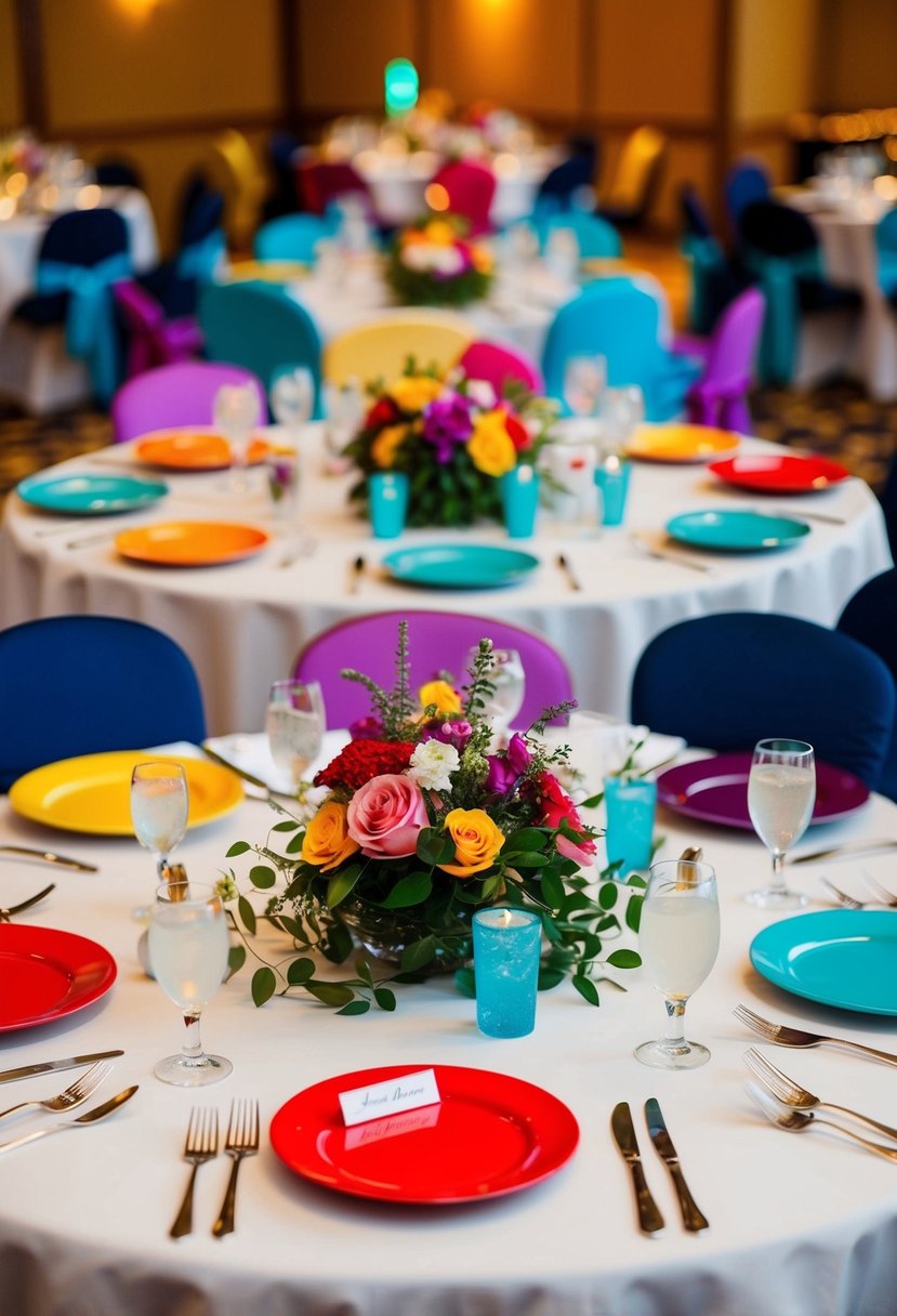 Colorful, themed objects arranged in groups to represent different tables at a wedding reception