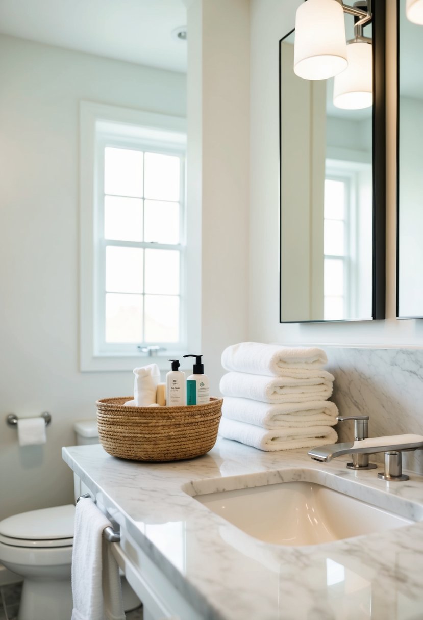 A modern bathroom with clean, white fixtures and soft lighting. A basket of toiletries sits on the marble countertop, next to a stack of fluffy white towels