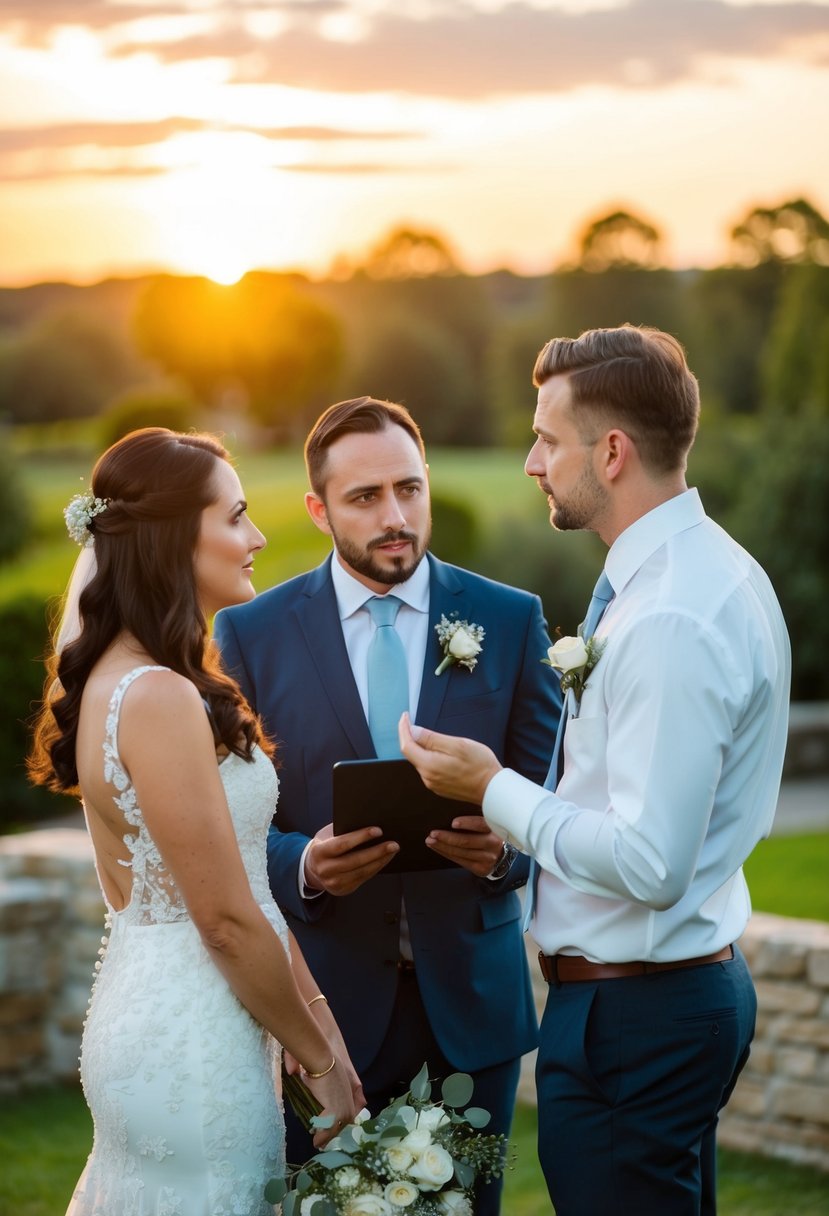 A wedding venue manager is asked about disaster backup plans by a concerned couple, while the sun sets behind the picturesque outdoor setting