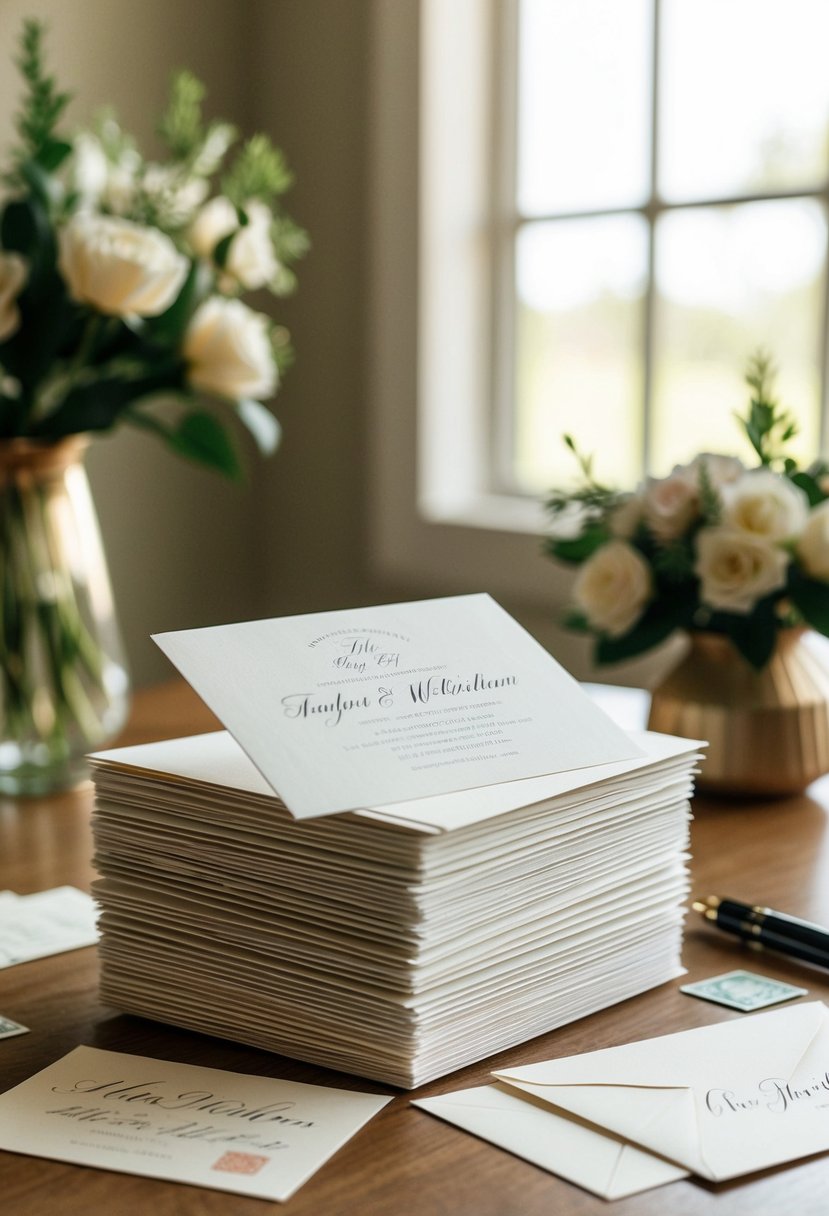 A table with a stack of wedding invitations, envelopes, stamps, and a calligraphy pen