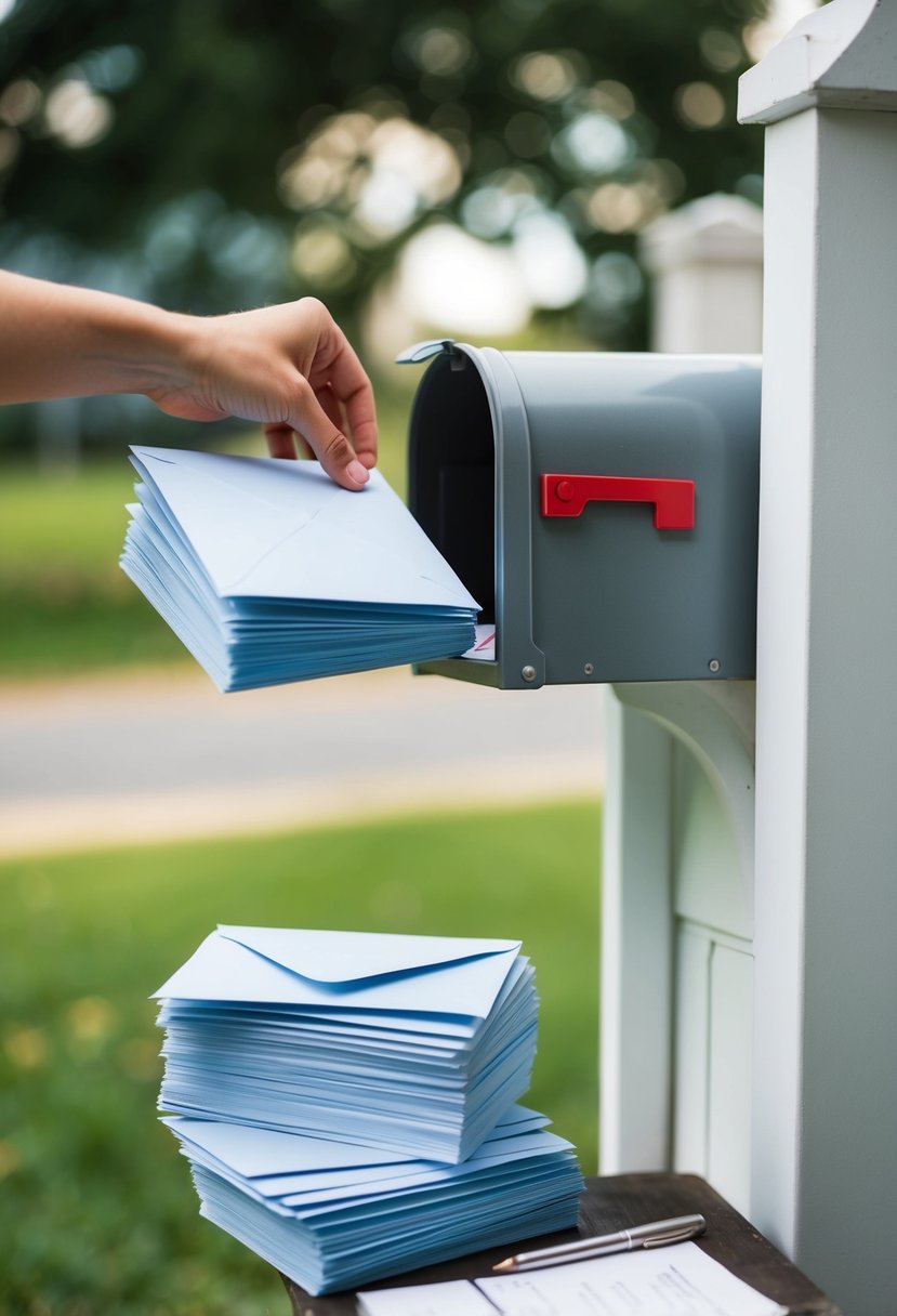 A hand placing a stack of envelopes into a mailbox, with a pile of wedding invitations and a pen nearby