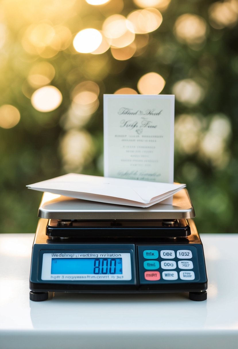 A digital scale weighing wedding invitation envelopes