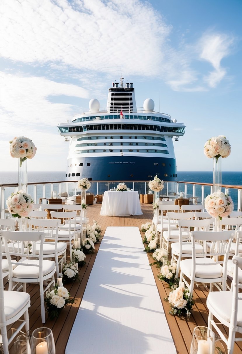 A cruise ship deck decorated for a wedding ceremony, with flowers, white chairs, and an ocean view