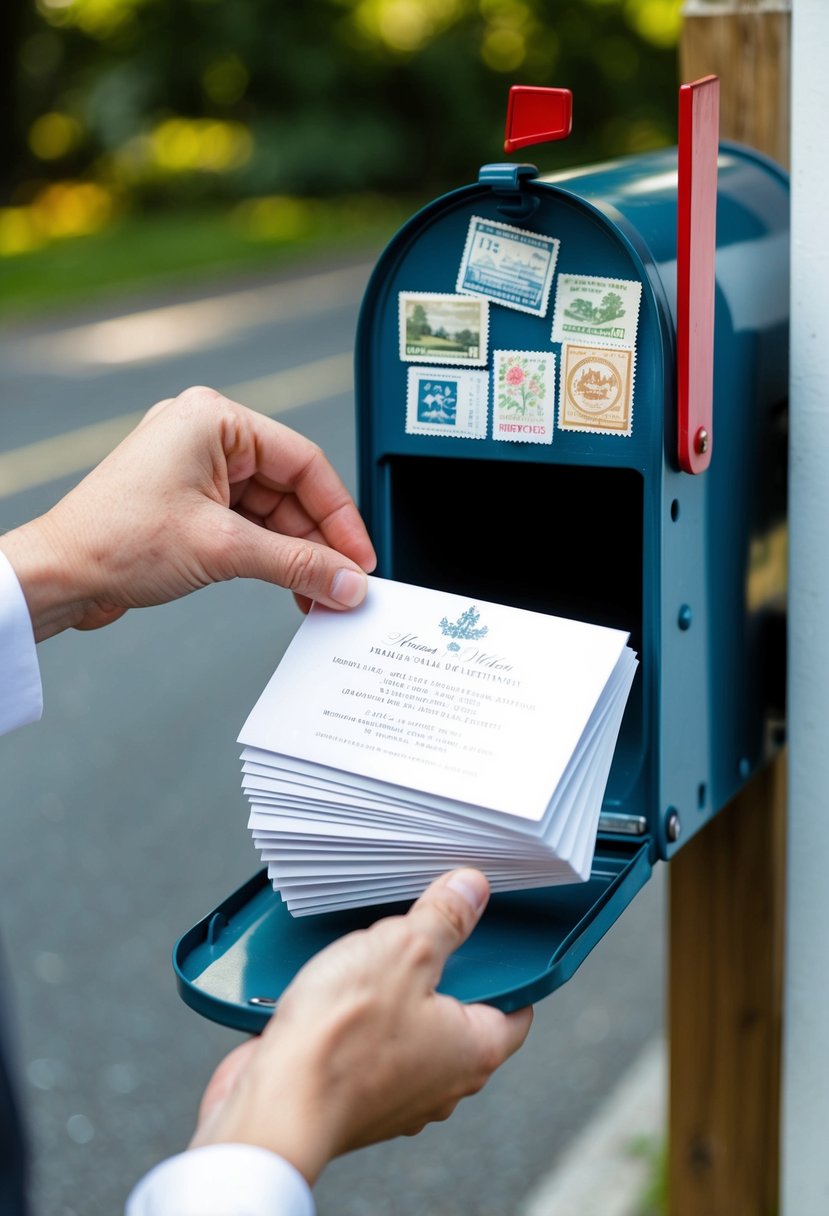 A hand placing a stack of wedding invitations into a mailbox adorned with special wedding stamps