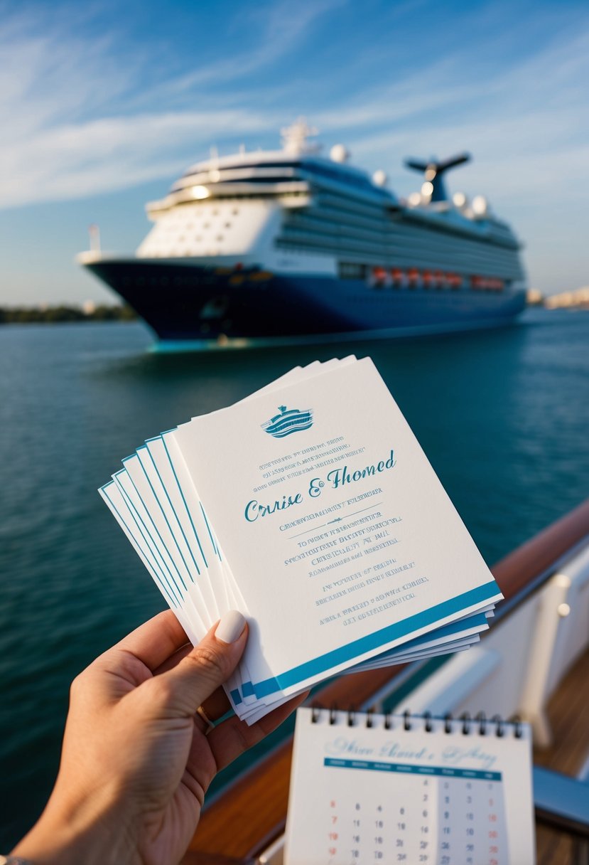 A hand holding a stack of elegant cruise-themed invitations, with a calendar and a cruise ship in the background