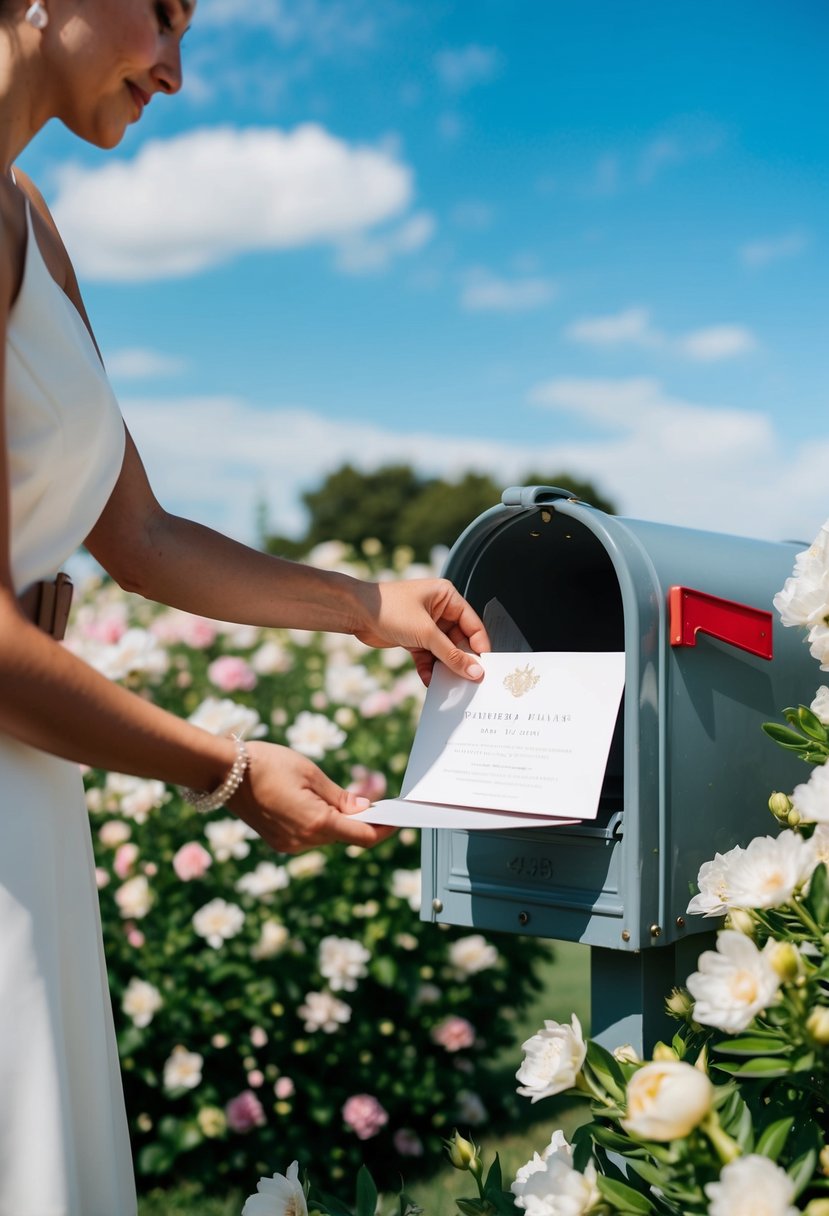 A hand placing wedding invitations into a mailbox, surrounded by blooming flowers and a clear blue sky