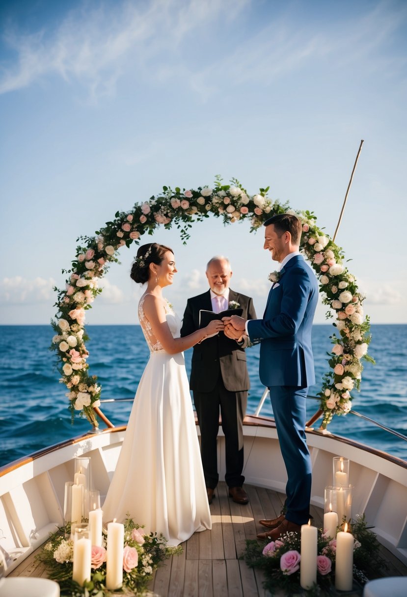 A couple stands on a boat exchanging vows, surrounded by a circle of flowers and candles, with the ocean stretching out behind them