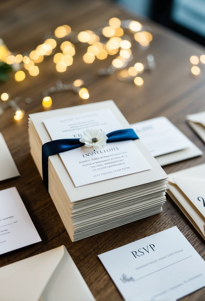 A stack of wedding invitations with attached RSVP cards and numbered envelopes