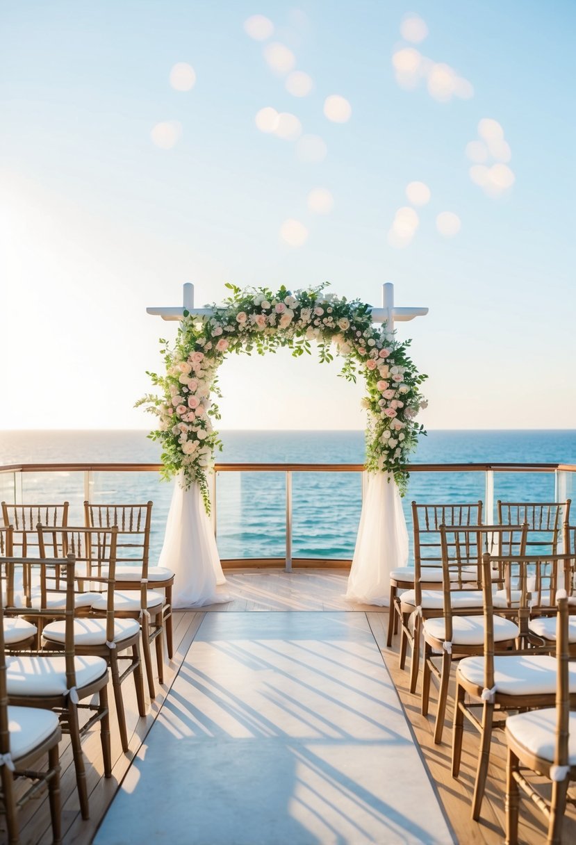 A serene, sunlit deck with a panoramic ocean view, adorned with elegant chairs and a floral arch for a ceremony cruise wedding